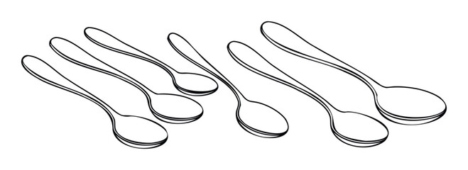 Collection of six simple line drawing spoons of varying sizes and styles for food related projects and kitchenware promotions