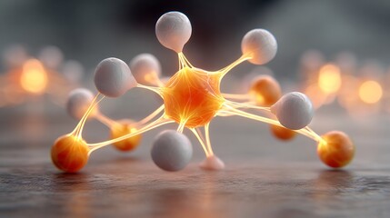 Conceptual 3D render of an abstract molecular structure or neural network, with white and glowing orange spheres connected by luminous lines, intricate detail.