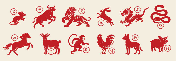 Chinese Zodiac vector set featuring the twelve traditional zodiac animals in a bold red paper-cut style. Symbolizes lunar new year, chinese culture, folklore, and festive celebration. 