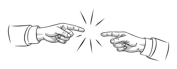 Two hands pointing fingers at each other creating a spark of connection or disagreement, perfect for themes of communication, confrontation, or collaboration in business and relationships.