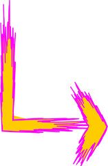 A vibrant yellow and magenta abstract arrow pointing right, with a distressed, scribbled outline, on a clean white background.