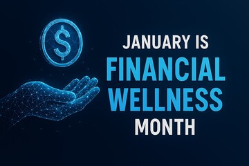 January is financial wellness month with glowing dollar sign and open hands