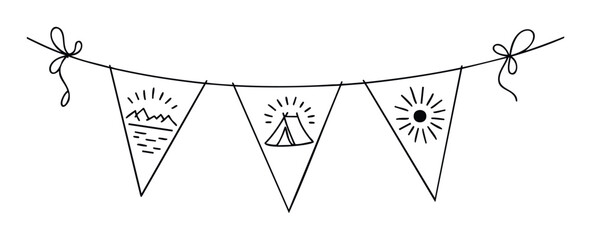 Hand drawn camping theme pennant banner with mountains, tent, and sun motifs for outdoor adventure celebrations and party decorations