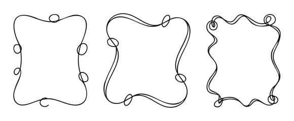 Set of three decorative playful black frames with organic wavy lines and loop accents perfect for invitations greeting cards or scrapbooking projects