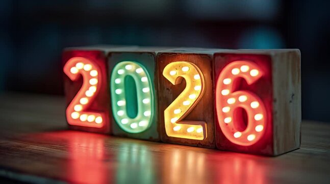 Illuminated 2026 New Year Sign: Vintage Marquee Lights on Wooden Blocks for Celebration and Future Planning