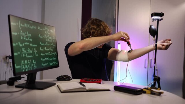 A focused young man experiments with modern technology at home adjusting a wearable device on his arm while studying signals formulas and notes exploring personal development