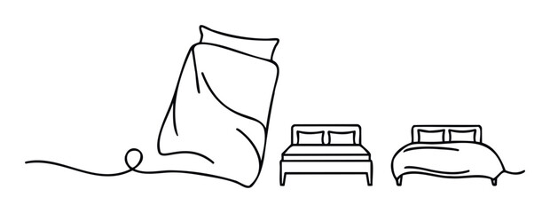 Minimalist line drawing featuring a blanket and two bed outlines, representing rest and comfort for hotel or home decor concepts.