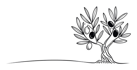 Stylized black and white olive tree with olives and leaves on a white background symbolizing nature and healthy food, perfect for branding and organic products.
