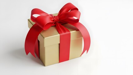 Obraz premium A simple, elegant gift box wrapped in gold paper, tied with a wide, dramatic red satin bow and ribbon, against a white background