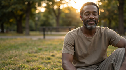 Black man meditating in a park at sunset. Middle-aged person practicing mindfulness and relaxation outdoors for mental health and well-being. Copy space on the left