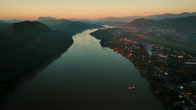 Drone aerial view of Luang Prabang an UNESCO World Heritage city in Laos.