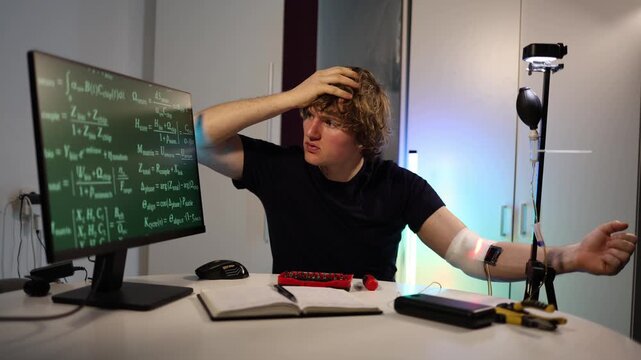 A young man looks confused after a home self experiment holding his head while devices wires and tools remain attached showing stress fatigue and consequences of risky testing