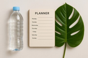 Flat lay showing a planner, water bottle, and green monstera leaf on a white background, representing wellness and health goals