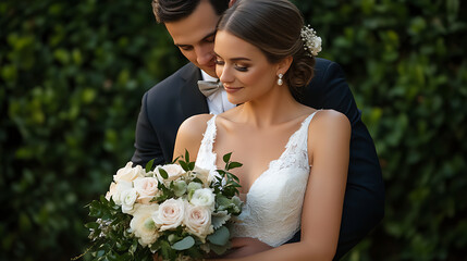 A beautiful couple sharing a quiet moment on their wedding day. The bride holds a bouquet as the groom lovingly embraces her. Their smiles radiate happiness and anticipation.