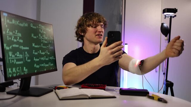 Student takes part in an online session while showing a glowing AI chip attached to his arm creating a modern scene of remote learning combined with hands on experimental tech practice