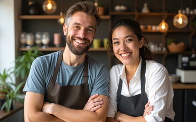 The happy cafe owners. High quality