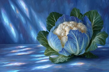 A detailed digital painting of a fresh cauliflower with vibrant green and blue leaves, showcased on a dreamy blue artistic background, ideal for food concepts.