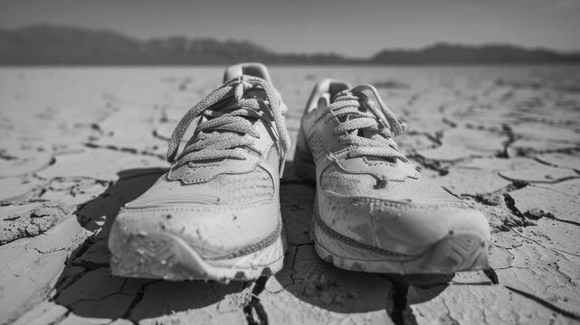 Video Abandoned shoes sit on top of a cracked earthy surface
