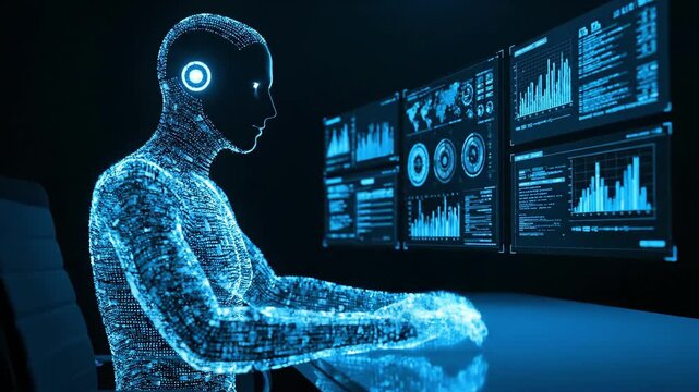Cinematic 4K Digital Human AI Analyst Interacting with Futuristic Big Data Dashboard Screens