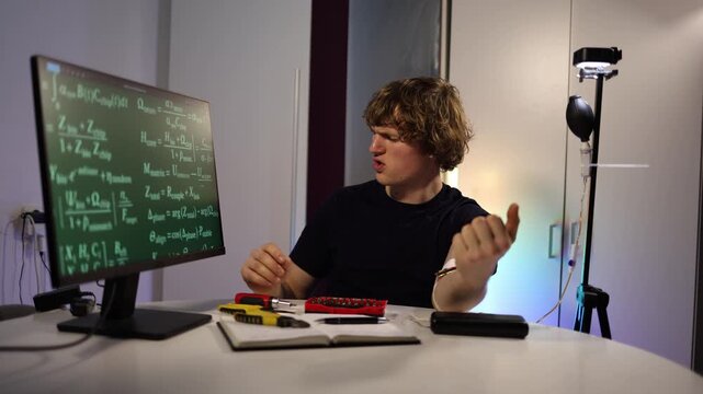 Man adjusts a glowing cognitive upgrade chip on his forearm using a screwdriver while formulas tools and lab light create a focused scene of experimental skill enhancement