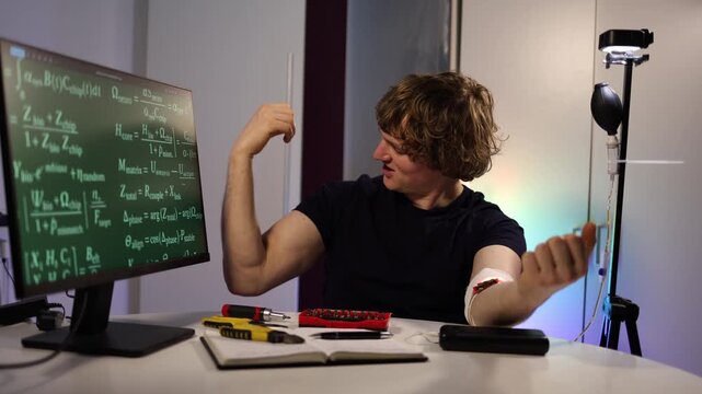 Man tests a glowing bio chip on his forearm while surrounded by tools and formulas creating a focused experimental atmosphere mixed with curiosity and a playful scientific mood