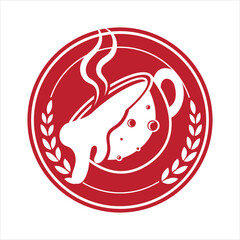 Stylized red round emblem with white hot drink cup spilling and steam. Vector