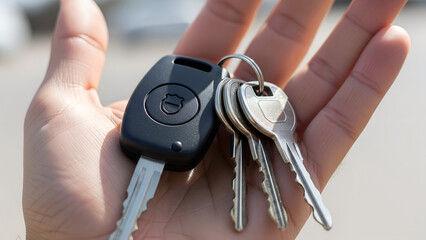 Hand holding car key with additional keys in outdoor setting  