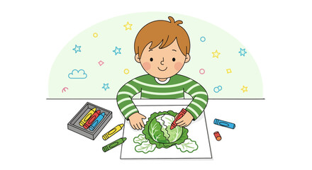 Young Artist Joyfully Painting a Cabbage with Crayons to Bring Nature to Life
