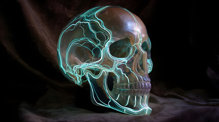 Blue abstract x-ray light scan of a human skull with smoke, bone, and brain for medical science and anatomy