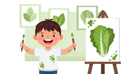Young Artist Joyfully Painting Leafy Green Vegetable Inspired Artwork on Canvas