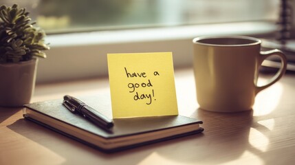 Cheerful yellow sticky note with 'have a good day' on a tidy desk bathed in soft morning light
