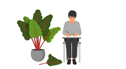 Young Artist Sketching Nature's Beauty Next To Lush Foliage With A Green And Red Palette