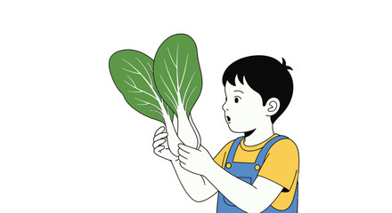 Young Boy Holding Fresh Green Vegetables with a Look of Wonder on His Face