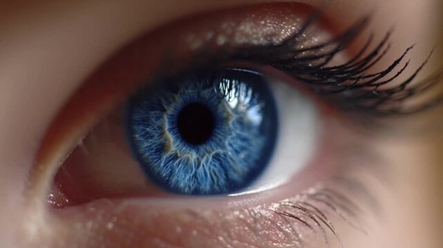 Close-up macro shot of a vibrant blue human eye, showcasing detailed iris patterns and lashes