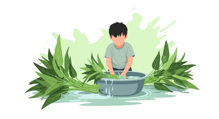 Young Person Washing Greens in a Basin Surrounded By Lush Vibrant Greenery