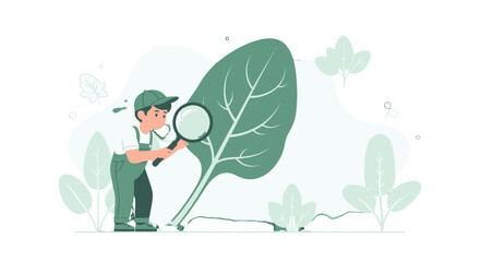 Young Scientist Analyzing Plants Under Magnifying Glass In Monochrome Background