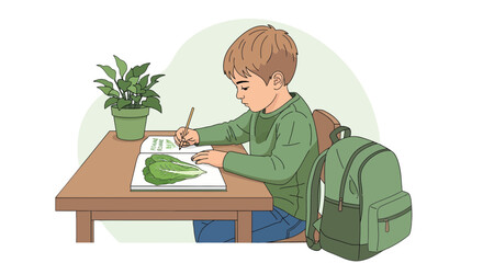 Young Student Sketching Vegetables In A Notebook At His Desk With A Backpack