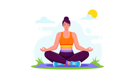 Woman Meditating Outdoors on A Mat With Sun And Clouds in Vector Illustration