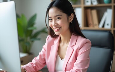 Portrait smile beautiful business asian woman in pink suit working in office desk virtual computer. Small business owner people employee freelance online sme marketing e-commerce telemarketing concept