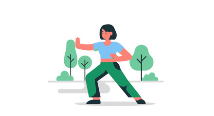 Woman Practicing Tai Chi Outdoors in a Park with Simple Artistic Vector Style