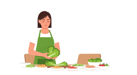 Woman Preparing a Fresh Salad with Vegetables in a Bright Kitchen Setting