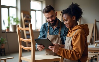 Portrait of Two Small Business Owners Using Tablet Computer and Discussing the Design of a New Wooden Chair in a Furniture Workshop. Carpenter and a Young Female Apprentice Working in Loft Studio.