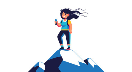 Fototapeta premium Woman Reaching Mountain Peak, Vector Illustration Demonstrating Triumph and Exploration