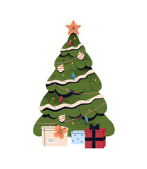 Christmas tree decorated with ornaments, baubles, balls and gift boxes. Xmas fir with Santa's presents for winter holidays. Symbol of New Year celebration. Flat isolated vector illustration on white