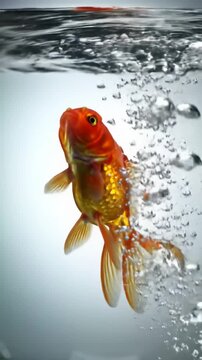 A vibrant orange goldfish leaps from a pristine glass bowl into another, surrounded by glistening water droplets under bright studio lighting. Concept of liberation and potential
