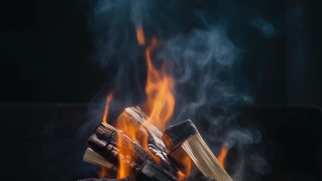 Wood logs engulfed in vibrant orange and yellow flames, emitting white smoke against a dark, blurred background.