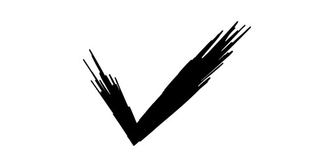 Abstract black brushstroke checkmark symbol with a grunge texture on a clean white background, indicating completion or approval.