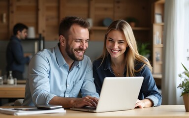 Obraz premium The owner couple of a small carpentry business smiled happily using laptop. High quality