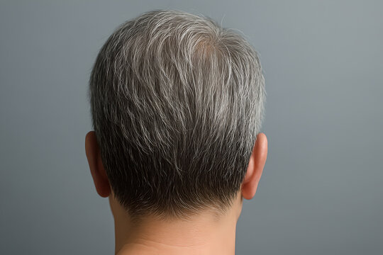 Photorealistic 3D close-up of gray hair, macro view of several strands of silver and white hair mixed with darker hairs, sharp detail of hair cuticle texture and subtle color variation along each stra