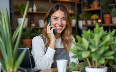 Happy, phone call and plant with woman in small business for planning, networking and conversation. Entrepreneurship, startup and technology with female botanist for nature, green and garden shop
